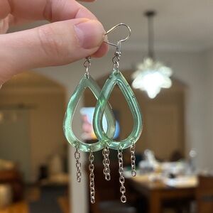 Green Resin Teardrop Dangle Earrings with Chains